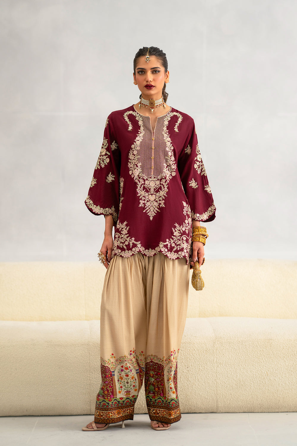 ETHNIC-2PC SILK EMBROIDERED SHIRT WITH  PRINTED SILK TROUSER