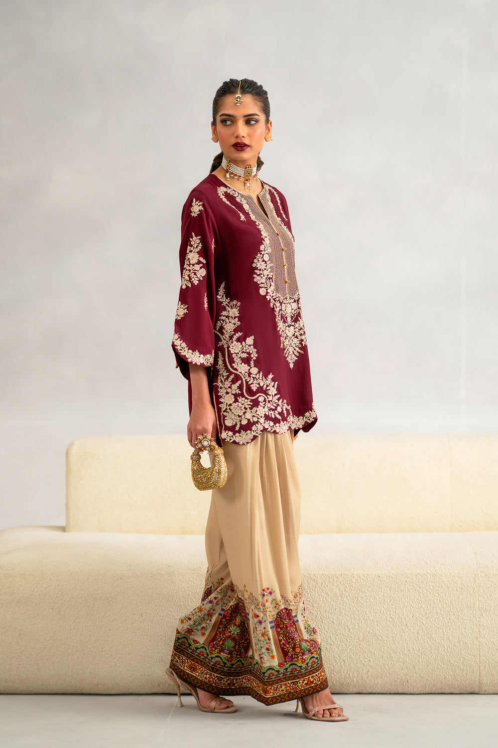 ETHNIC-2PC SILK EMBROIDERED SHIRT WITH  PRINTED SILK TROUSER
