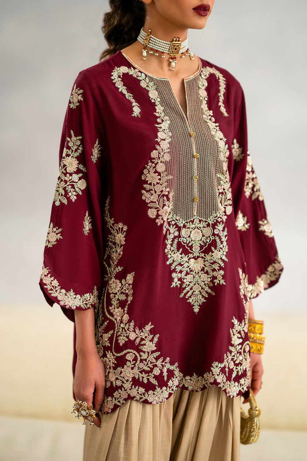 ETHNIC-2PC SILK EMBROIDERED SHIRT WITH  PRINTED SILK TROUSER