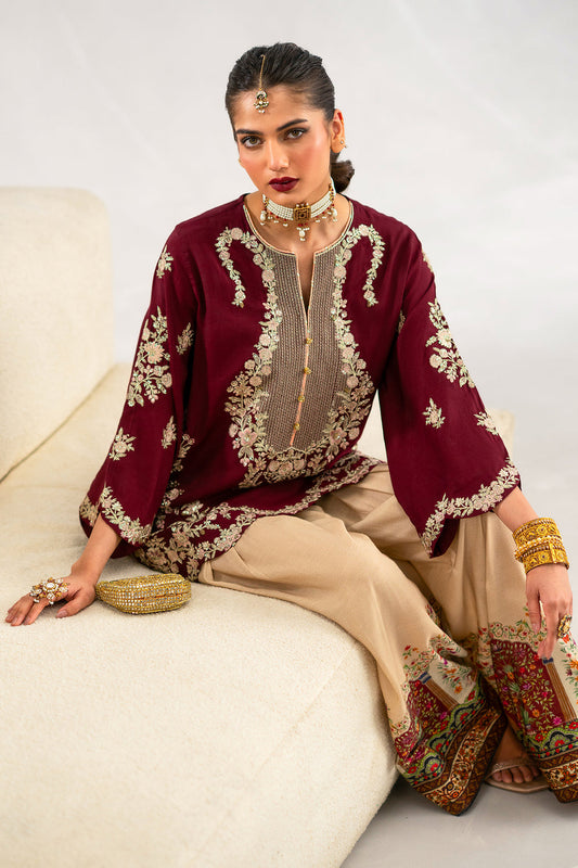 ETHNIC-2PC SILK EMBROIDERED SHIRT WITH  PRINTED SILK TROUSER