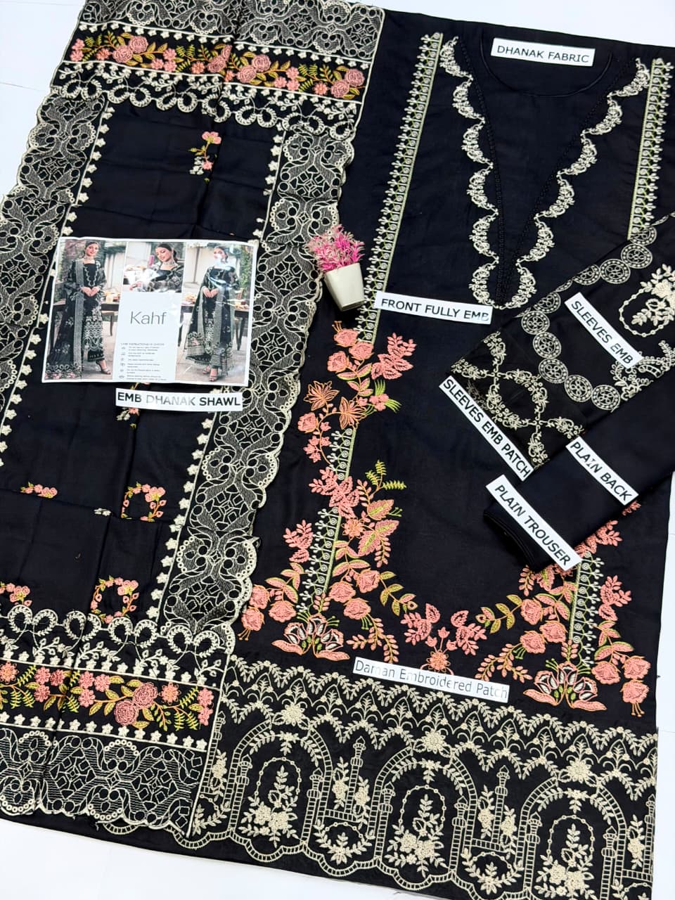 KAHF - Dhanak 3-Piece Unstitched Embroidered Suit